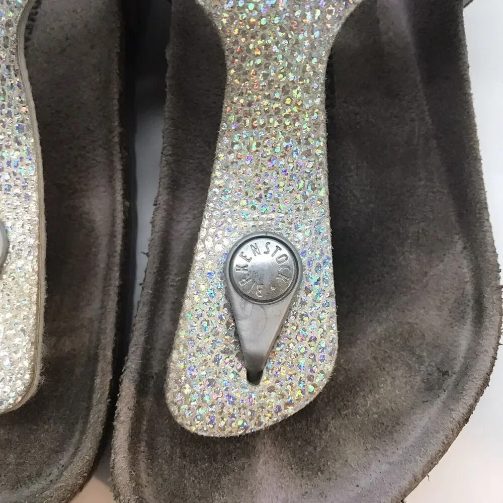 Birkenstock Gizeh Sparkly Silver Birko-Flor T-Strap Thong 34 Girls 3-3.5 Sandals